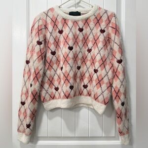 Zara Pink and White Argyle Sweater with Sequined Heart